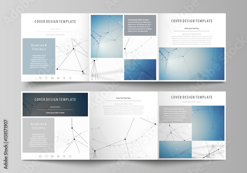 Set of business templates for tri fold square design brochures. Leaflet cover, abstract vector layout. Geometric blue color background, molecule structure, science concept. Connected lines and dots.