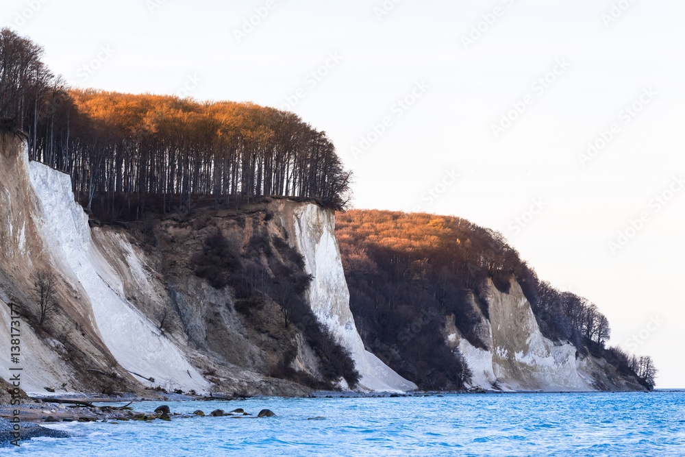 Sea and White Rocks / Chalk coast of Rügen Island (Germany) at Baltic Sea in snowless winter, covered by trees