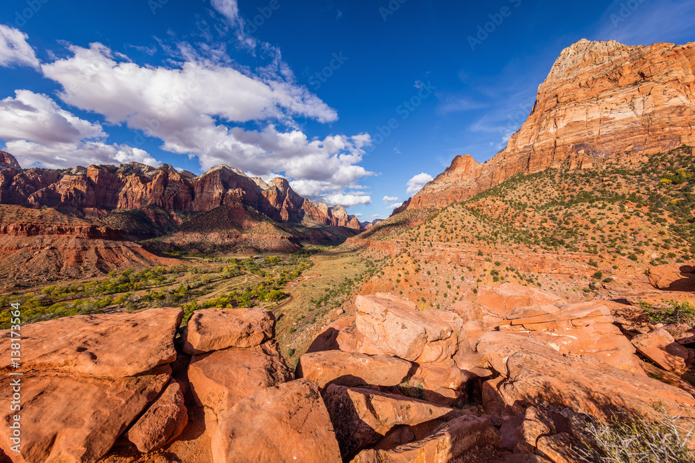 Breathtaking view of the canyon. The rays of the sun illuminate red cliffs. Zion National Park, Utah, USA