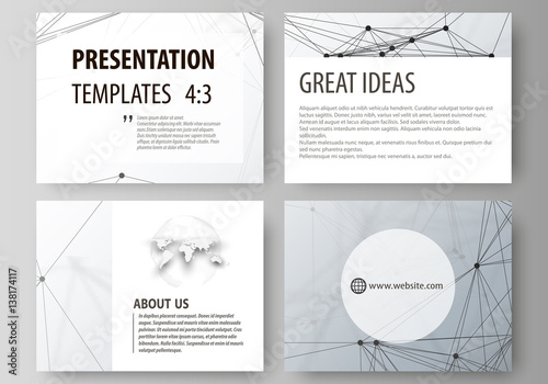 Business templates for presentation slides. Vector layouts in flat design. Genetic and chemical compounds. Atom, DNA and neurons. Medicine, chemistry, technology concept. Geometric background.