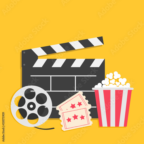 Big movie reel Open clapper board Popcorn box package Ticket Admit one. Three star. Cinema icon set. Yellow background. Flat design style.