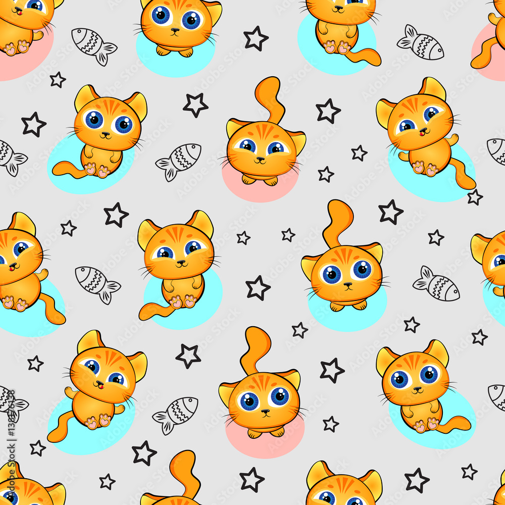 Cute kids pattern for girls and boys. Colorful kittens, cat on the abstract grunge background create a fun cartoon drawing. The background is made in neon colors. Urban backdrop for textile and fabric
