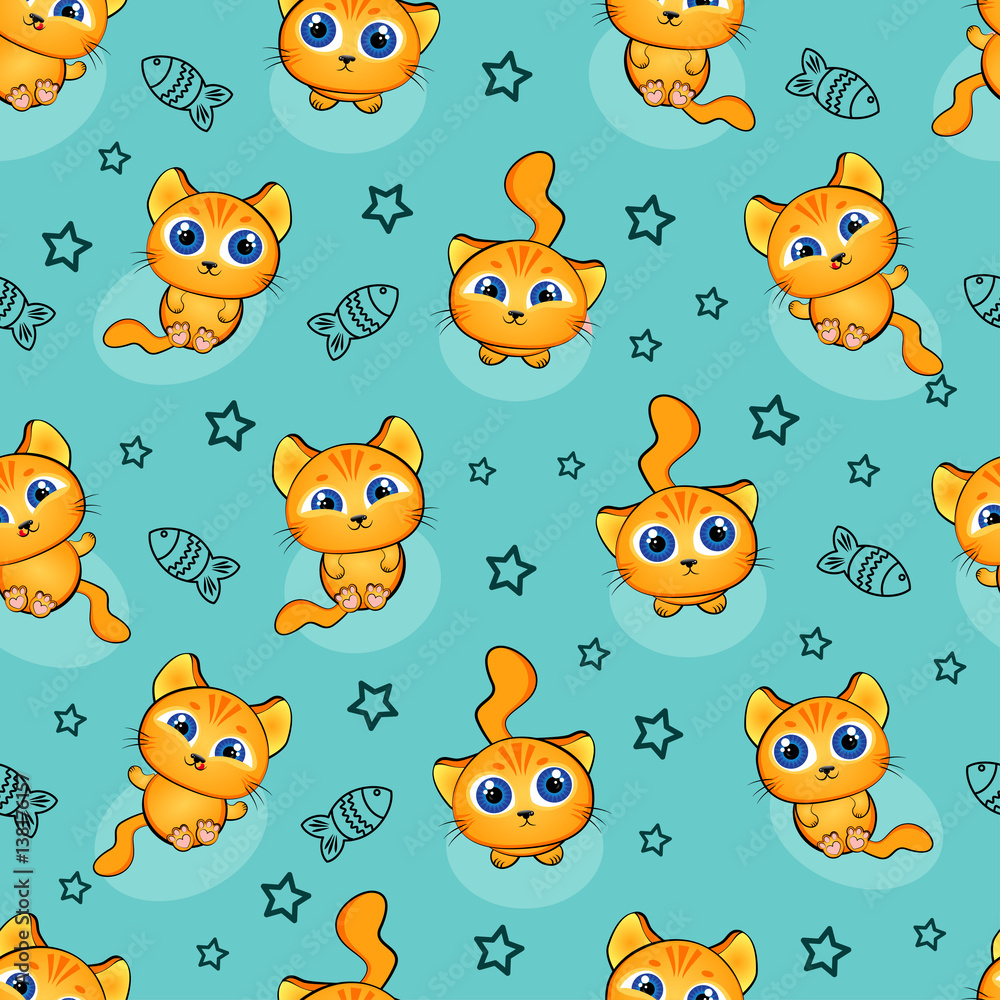 Fototapeta premium Cute kids pattern for girls and boys. Colorful kittens, cat on the abstract grunge background create a fun cartoon drawing. The background is made in neon colors. Urban backdrop for textile and fabric