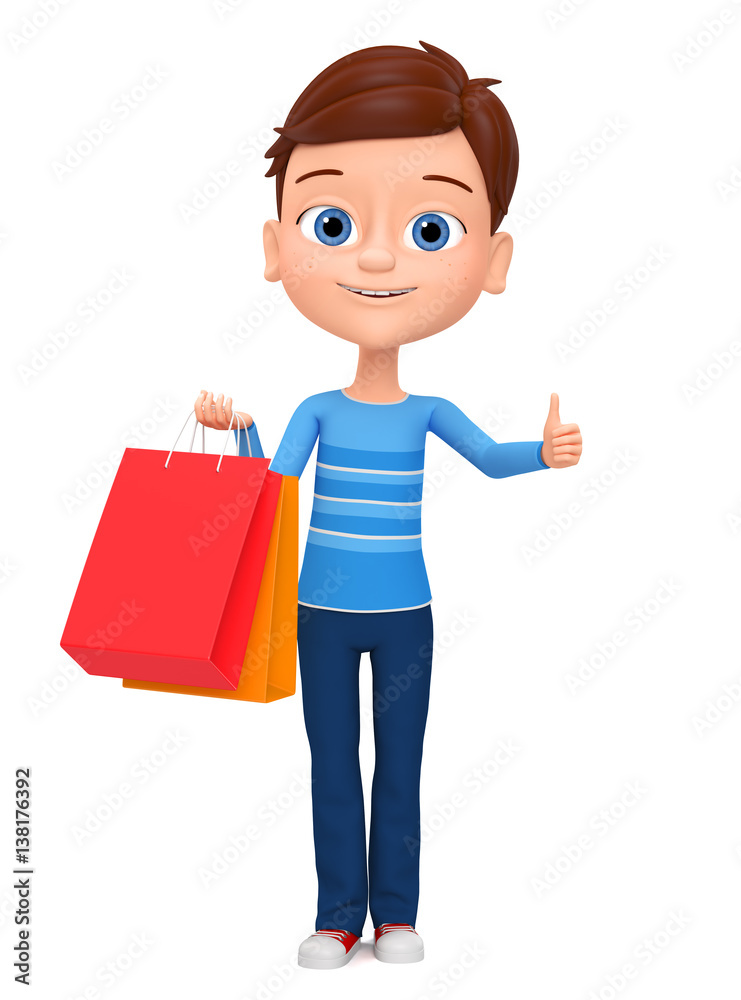 Boy happy with shopping on a white background is insulated. 3d render illustrations. Boy happy with shopping on a white background is insulated. 3d render illustrations.