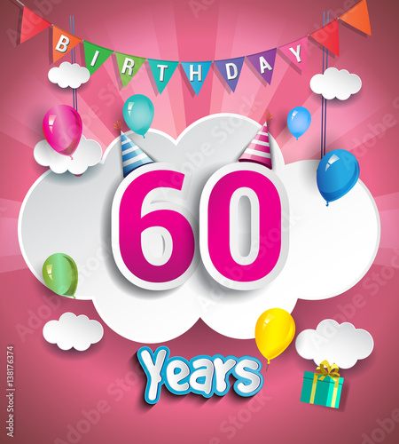 60 years birthday Celebration Design, with clouds and balloons, confetti. using Paper Art Design Style, Vector template elements for your birthday celebration party.