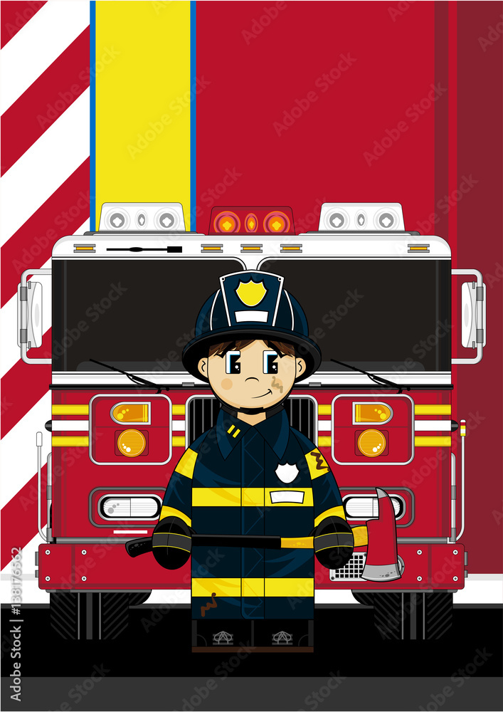 Cute Cartoon Fireman and Fire Truck Stock Vector | Adobe Stock