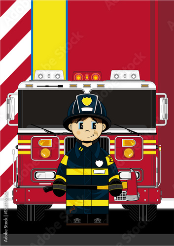 Cute Cartoon Fireman and Fire Truck
