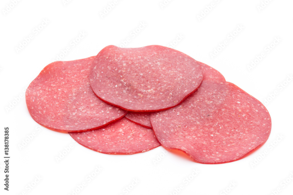 Salami smoked sausage one slice isolated on white background cutout. Salami smoked sausage one slice isolated on white background cutout.