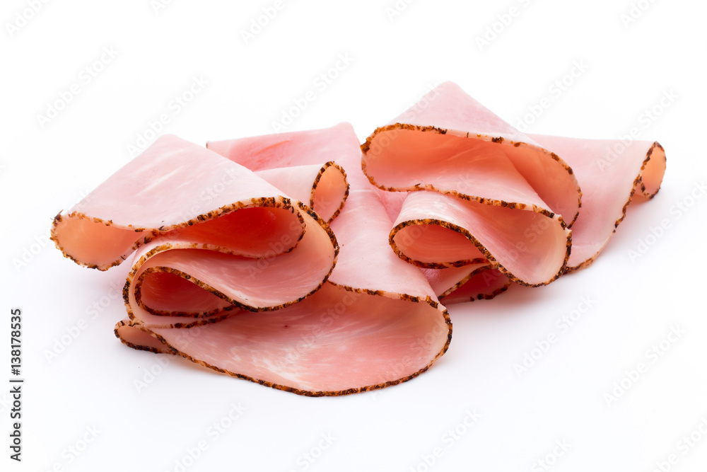 Thin slices of ham on white background. Thin slices of ham on white background.