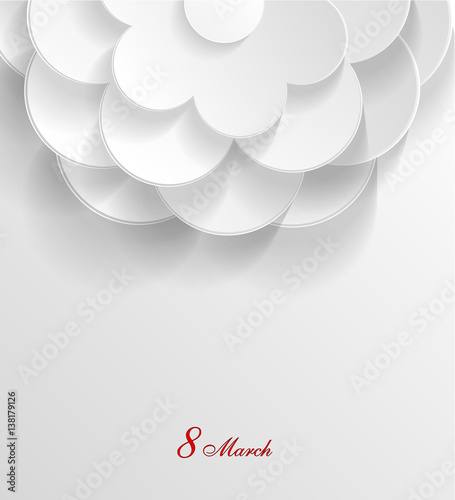 White abstract background with white flowers. Delicate 3D greeting card for the International Women's Day. Congratulations on March 8! Cut paper elements. Origami, applique. World Day of the woman. 