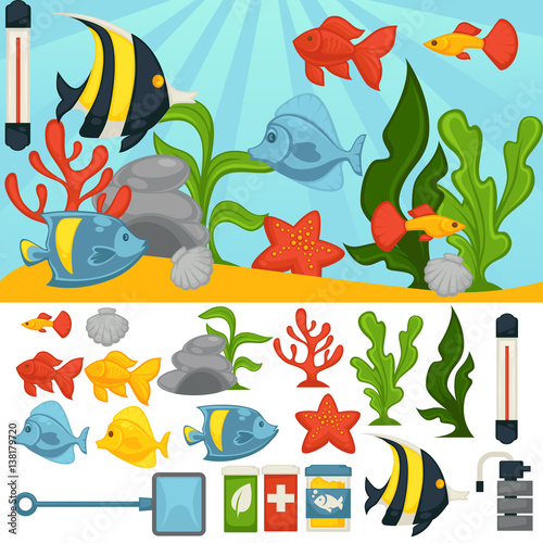 Aquarium tropical fishes and plants vector accessor set