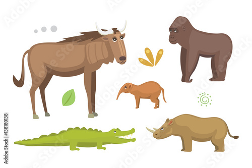 African animals cartoon vector set. elephant, rhino, giraffe, cheetah, zebra, hyena, lion, hippo, crocodile, gorila and outhers. safari isolated illustration