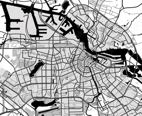 Black and white scheme of the Amsterdam, Netherlands. City Plan of  Amsterdam