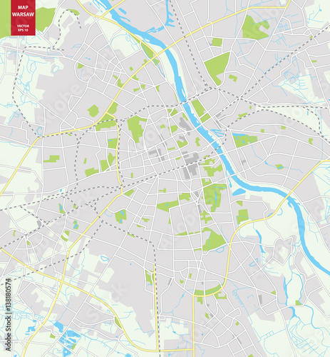 Vector color map of Warsaw, Poland. City Plan of Warsaw