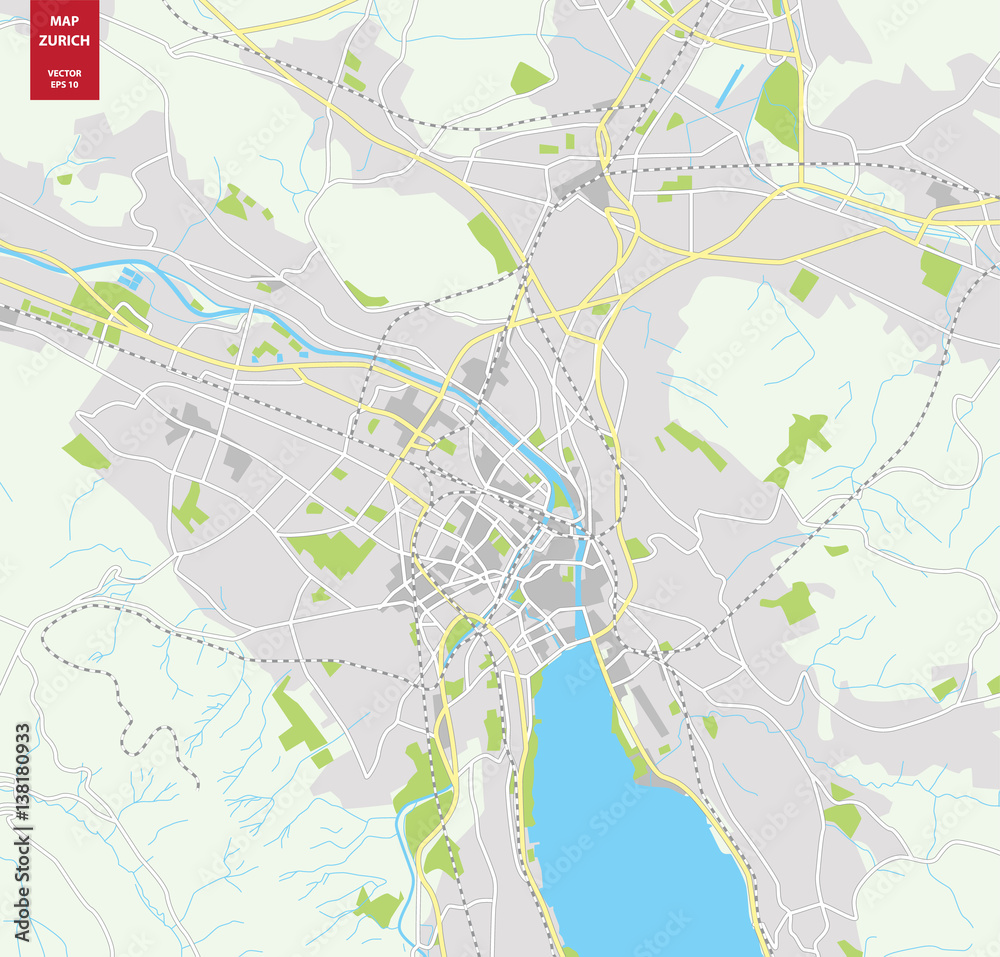 Fototapeta premium Vector color map of Zurich, Switzerland. City Plan of Zurich