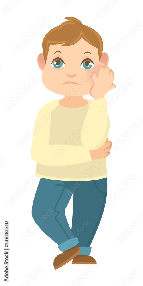 Thoughtful boy isolated on white. Person holds arm near head Thoughtful boy isolated on white. Person holds arm near head