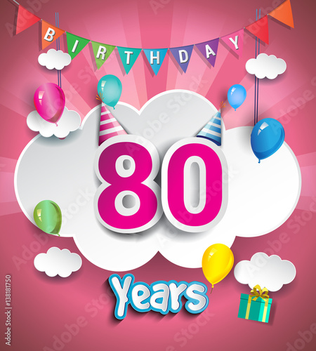80 years birthday Celebration Design, with clouds and balloons, confetti. using Paper Art Design Style, Vector template elements for your birthday celebration party.
