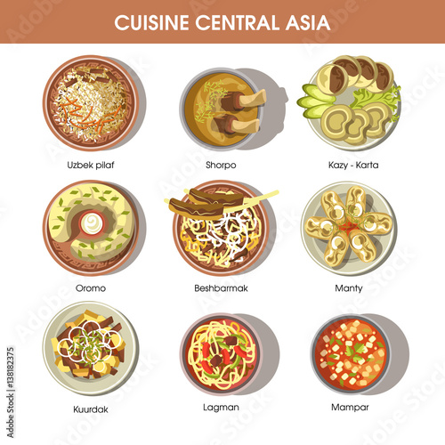Central Asia food cuisine vector icons for restaurant menu photo