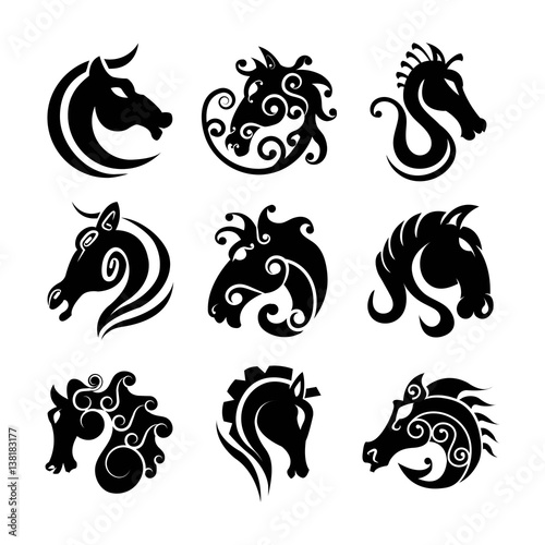 Horse head art templates, heraldic or fairy tattoo symbols
