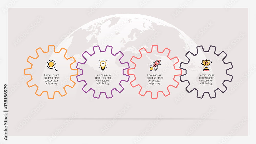 Business infographics. Timeline with 4 gears, cogwheels
