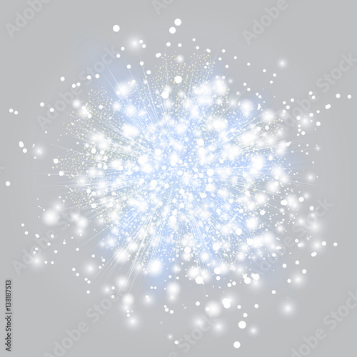 White silver light rays or bright star. Transparent glow effect. Vector illustration Burst with sparkles on white background.