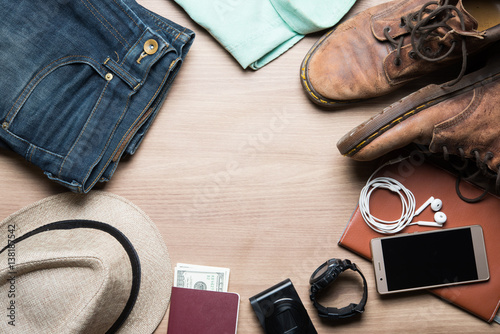 Concept of travel - View of Hipster Traveler accessories and items, Travel and Holiday vintage tone.