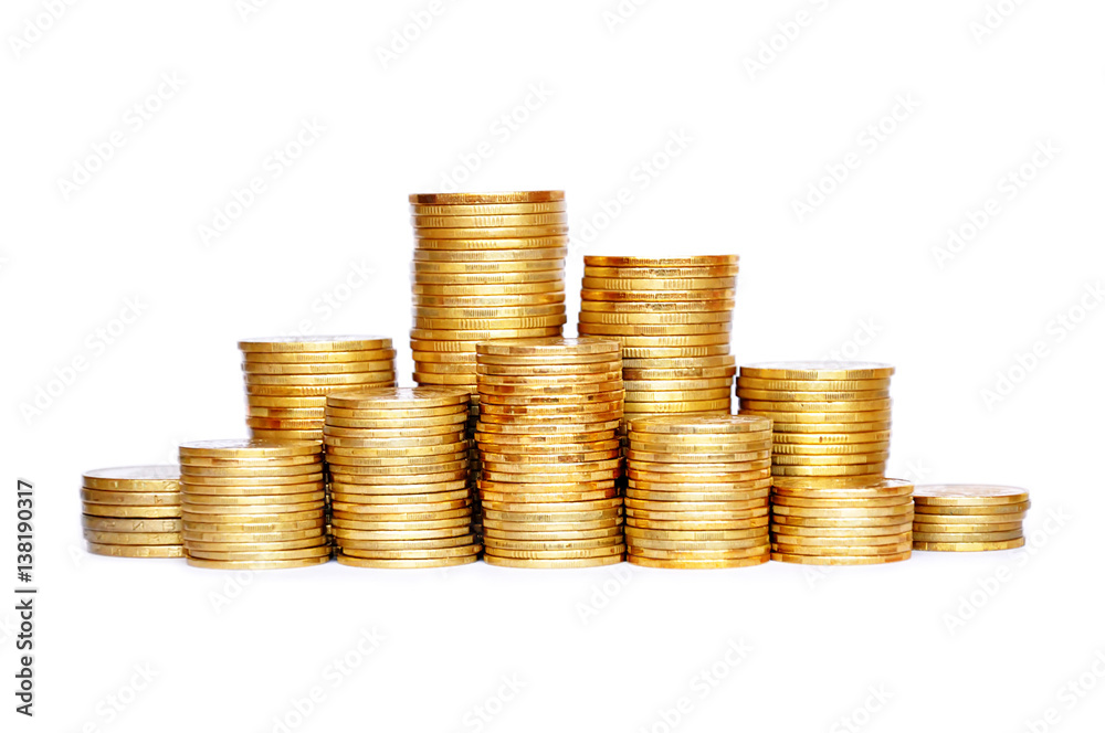 Many coins in column isolated on white Many coins in column isolated on white