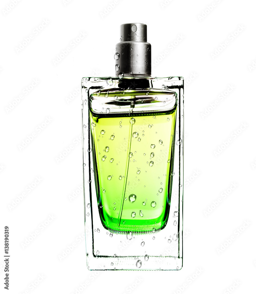 men's perfume in beautiful bottle in water drops isolated on white men's perfume in beautiful bottle in water drops isolated on white