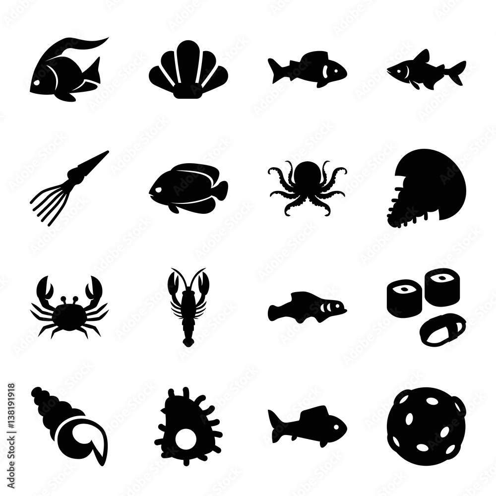 Set of 16 seafood filled icons Set of 16 seafood filled icons
