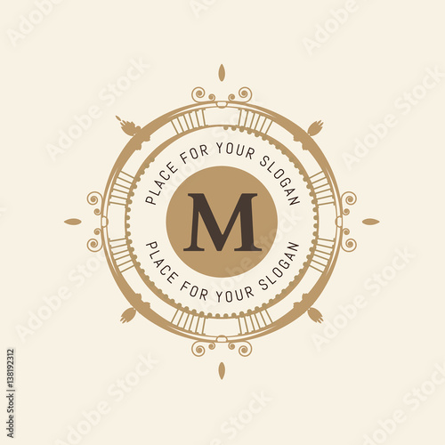 The letter M. Flourishes calligraphic monogram emblem template. Luxury elegant frame ornament line logo design vector illustration. Example designs for Cafe, Hotel, Heraldic, Restaurant, Boutique