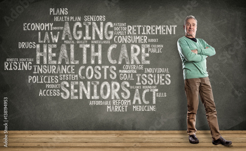 Senior Man, Health Care Word Cloud on Blackboard background