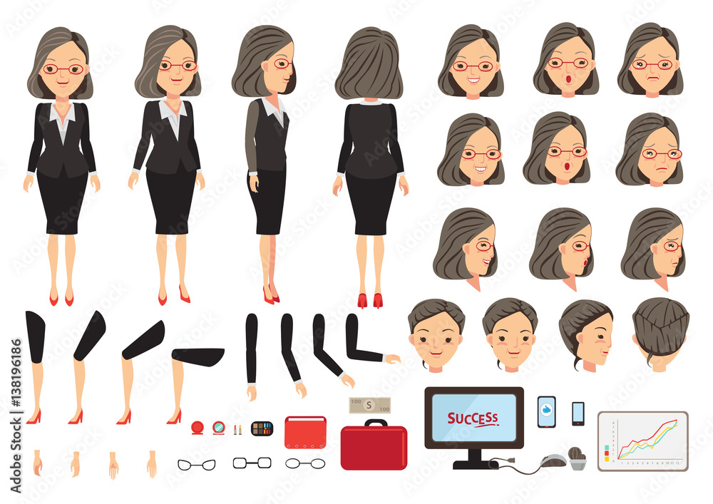 Businesswoman character creation set. Icons with different types of faces and hair style, emotions,  front, rear, side view of male person. Moving arms, legs. Vector illustration