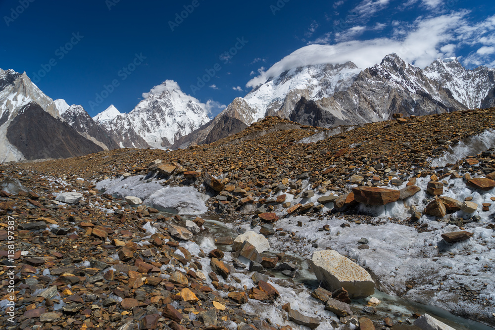 Naklejka premium K2 and Broadpeak mountain along the wat to Ali camp, K2 trek, Pakistan