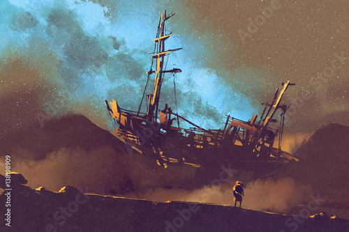 Photo night scene of abandoned ship on the desert with stary sky,illustration painting