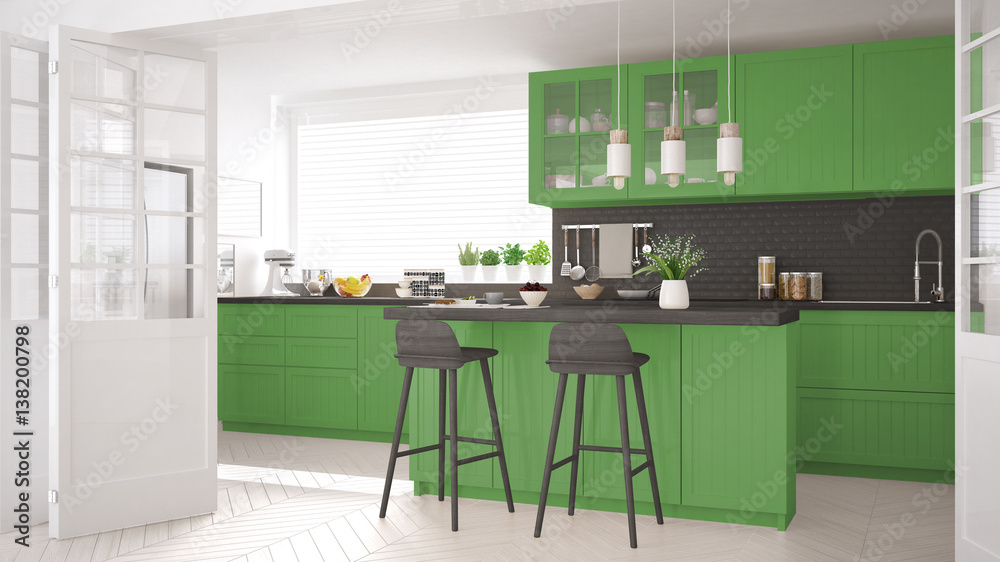Scandinavian classic kitchen with wooden and green details, minimalistic interior design - obrazy, fototapety, plakaty 