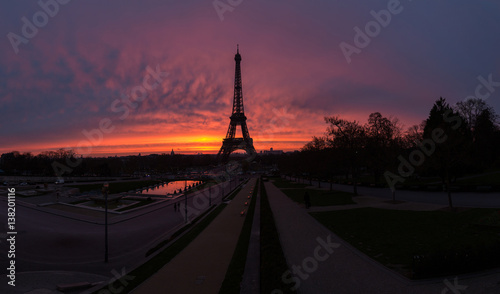Awesome incredible pink-orange-lilac sunrise. View of the Eiffel Tower from the Trocadero. Beautiful panoramic cityscape. Paris. France.