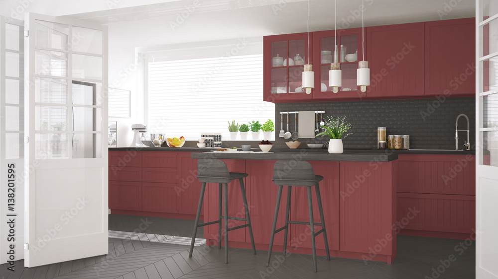 Scandinavian classic kitchen with wooden and red details, minimalistic interior design - obrazy, fototapety, plakaty 