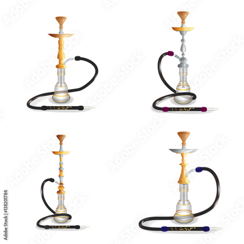 Hookah Vector Set. Hookahs Icons Of Various Shapes. Collection Smoking Hookahs Illustration. Egyptian, Arab Hookahs Isolated On White Background