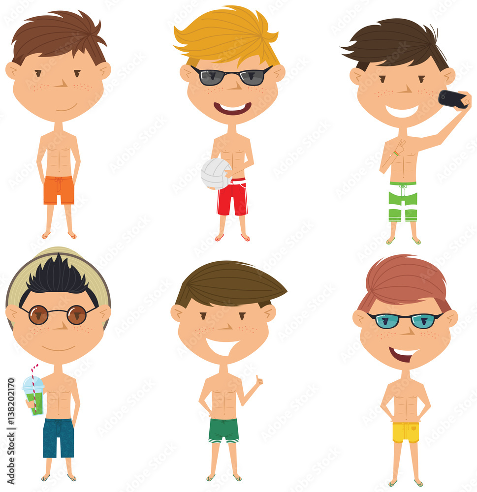 Beach male characters vector illustration.