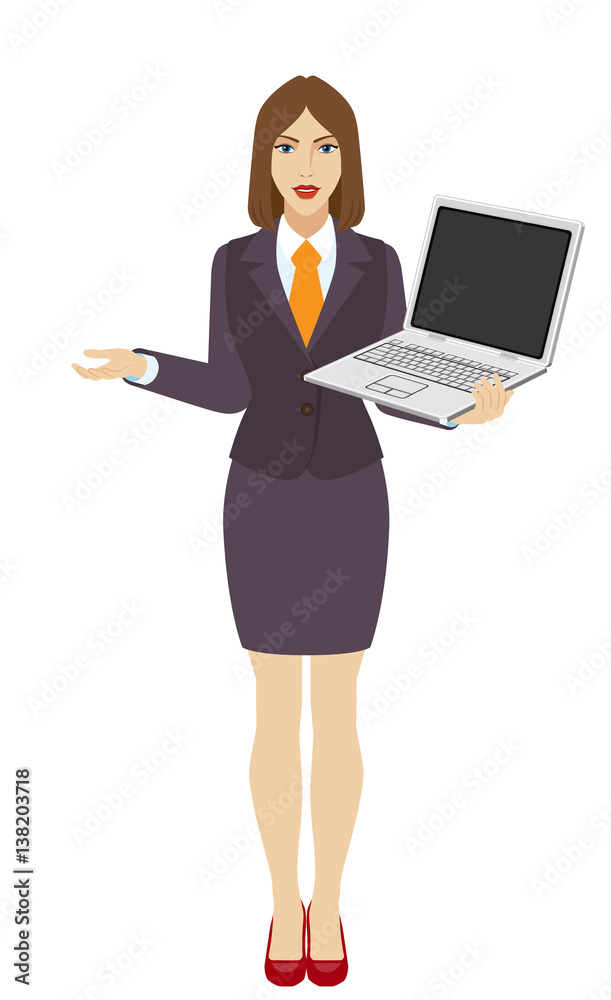 Businesswoman holding a laptop notebook and gesturing Businesswoman holding a laptop notebook and gesturing