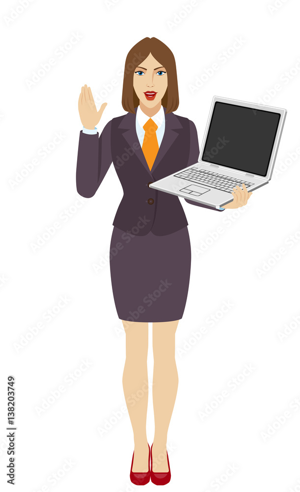 Businesswoman with a laptop greeting someone with his hand raised up Businesswoman with a laptop greeting someone with his hand raised up