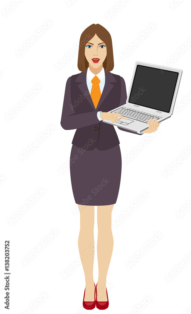 Businesswoman holding a laptop notebook and clicks on the button Businesswoman holding a laptop notebook and clicks on the button
