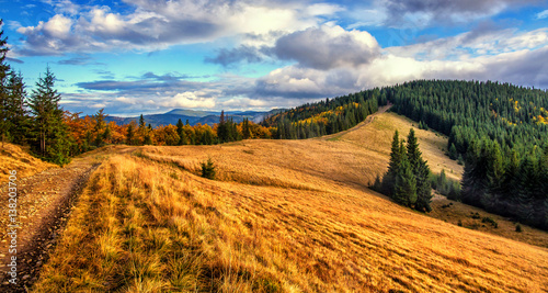 Wonderful autumn mountain landscape. majestic, overcast clouds in sunlight. spruce forest on mountain hillside in sunny day.