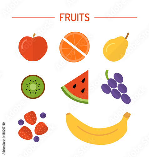 Set fruits: apple, slices of orange, pear, kiwi, watermelon slice, a bunch of grapes, a handful of berries, banana. Fresh bright fruits for your design. Vector illustration. Flat design.