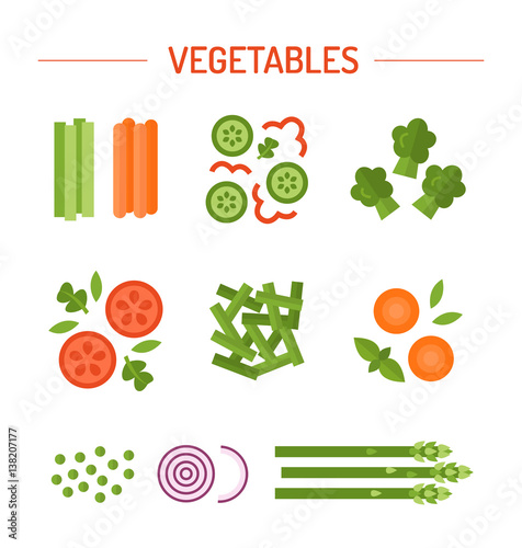 Set vegetable garnish of tomato, cucumber, greens, asparagus, carrots, onions, peas, green beans, broccoli, bell pepper basil Vector illustration for your design flat style