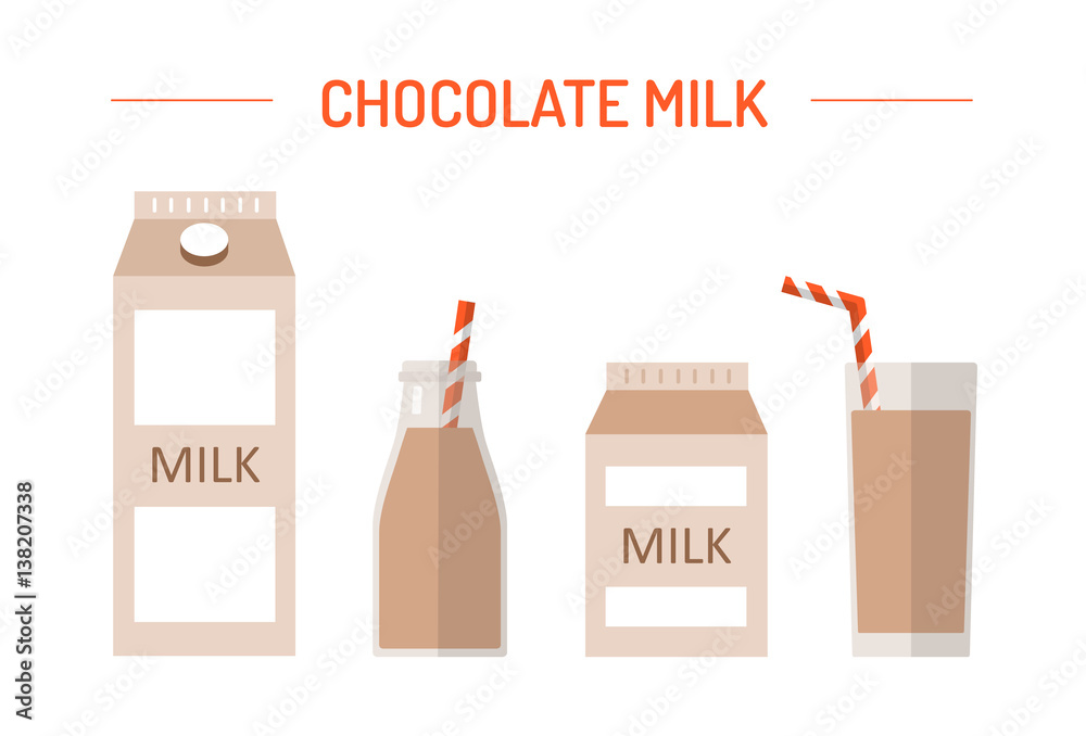 Naklejka premium Set of chocolate milk in different packages: glass, carton, bottle isolated on white background. Elements for design dairy products, grocery store, etc. Vector flat design illustration.