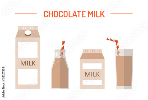 Set of chocolate milk in different packages: glass, carton, bottle isolated on white background. Elements for design dairy products, grocery store, etc. Vector flat design illustration.