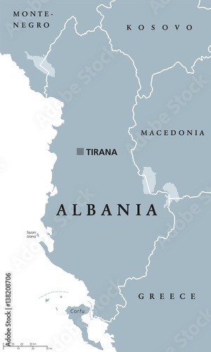 Albania political map with capital Tirana, national borders and neighbor countries. Republic and sovereign state in Southeastern Europe on Balkan peninsula. Gray illustration, English labeling. Vector