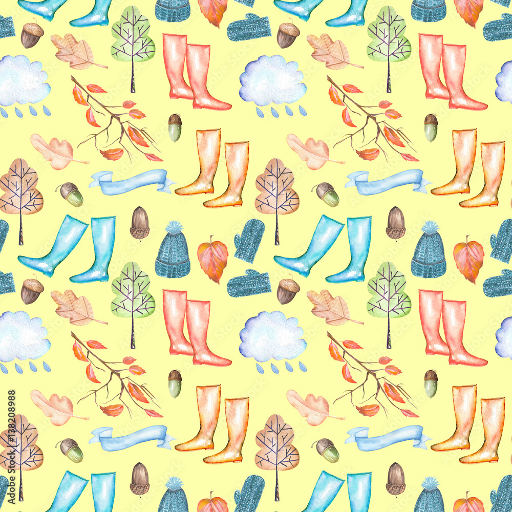 Seamless pattern with watercolor autumn objects (warm hat and mittens, rubber boots, rain cloud, dry tree leaves and other), hand drawn isolated on a yellow background
