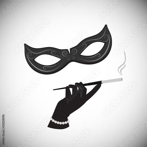 The strange lady in a masquerade mask holding a cigarette in the mouthpiece. A woman in a mafia style